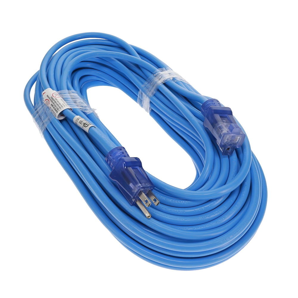 Img for product 100Ft 14/3 SJTW Blue Power Extension Cord Lighted Clear Blue Plug
