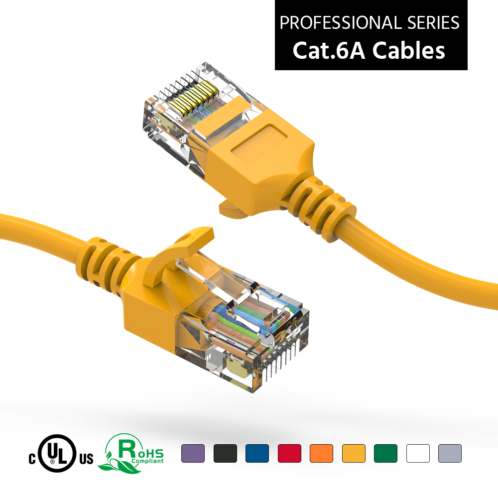 2Ft Cat6A UTP Slim Ethernet Network Booted Cable 28AWG Yellow