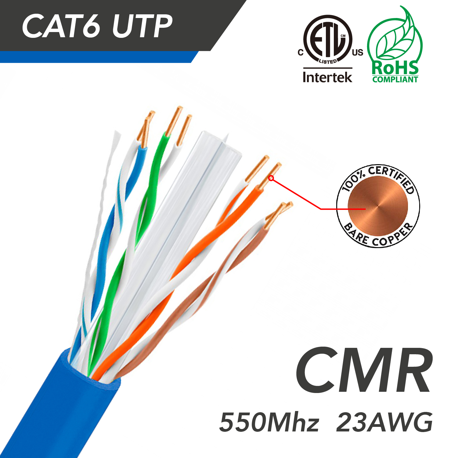 Cat.6 UTP 23AWG Solid CMR bulk cable (blue), 1000ft, ETL Bestlink Netware