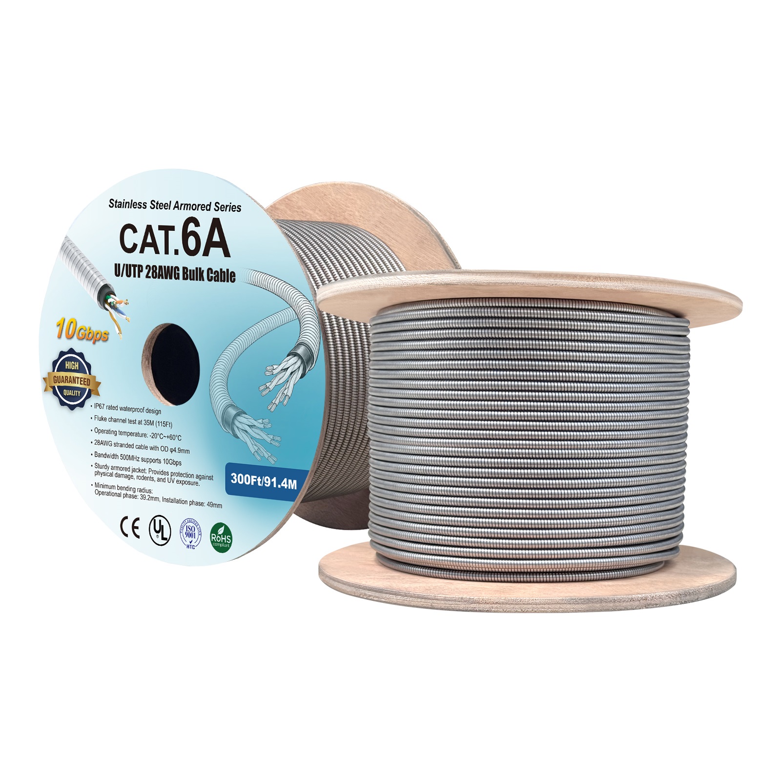300Ft Cat6A 28AWG Stainless Steel Armored Bulk Cable