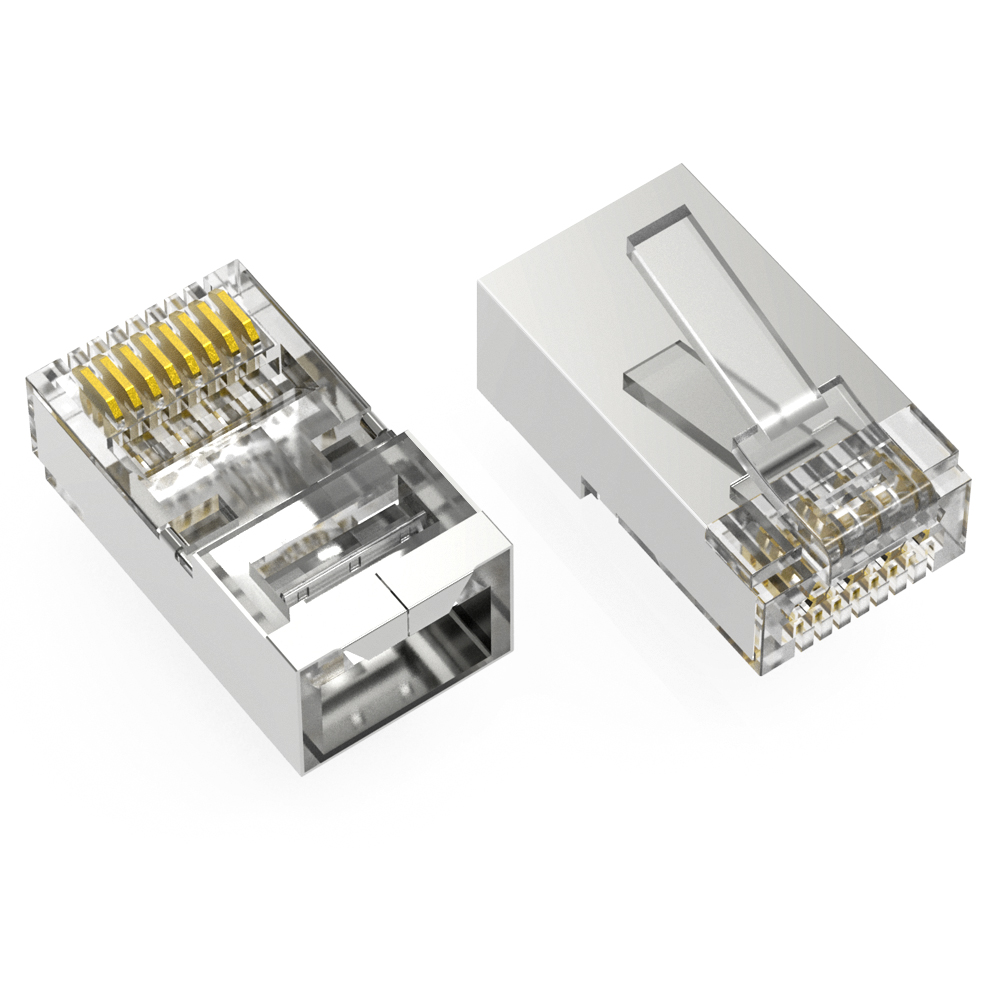 RJ45 Cat.6 STP Feed Through Plug for Solid and Stranded 3-Prong 50 Micron 100pk