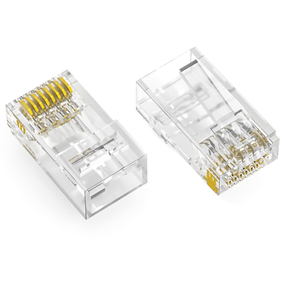 RJ45 Cat.6A UTP Feed Through Plug for Solid and Stranded 3-Prong 50 Micron 100pk