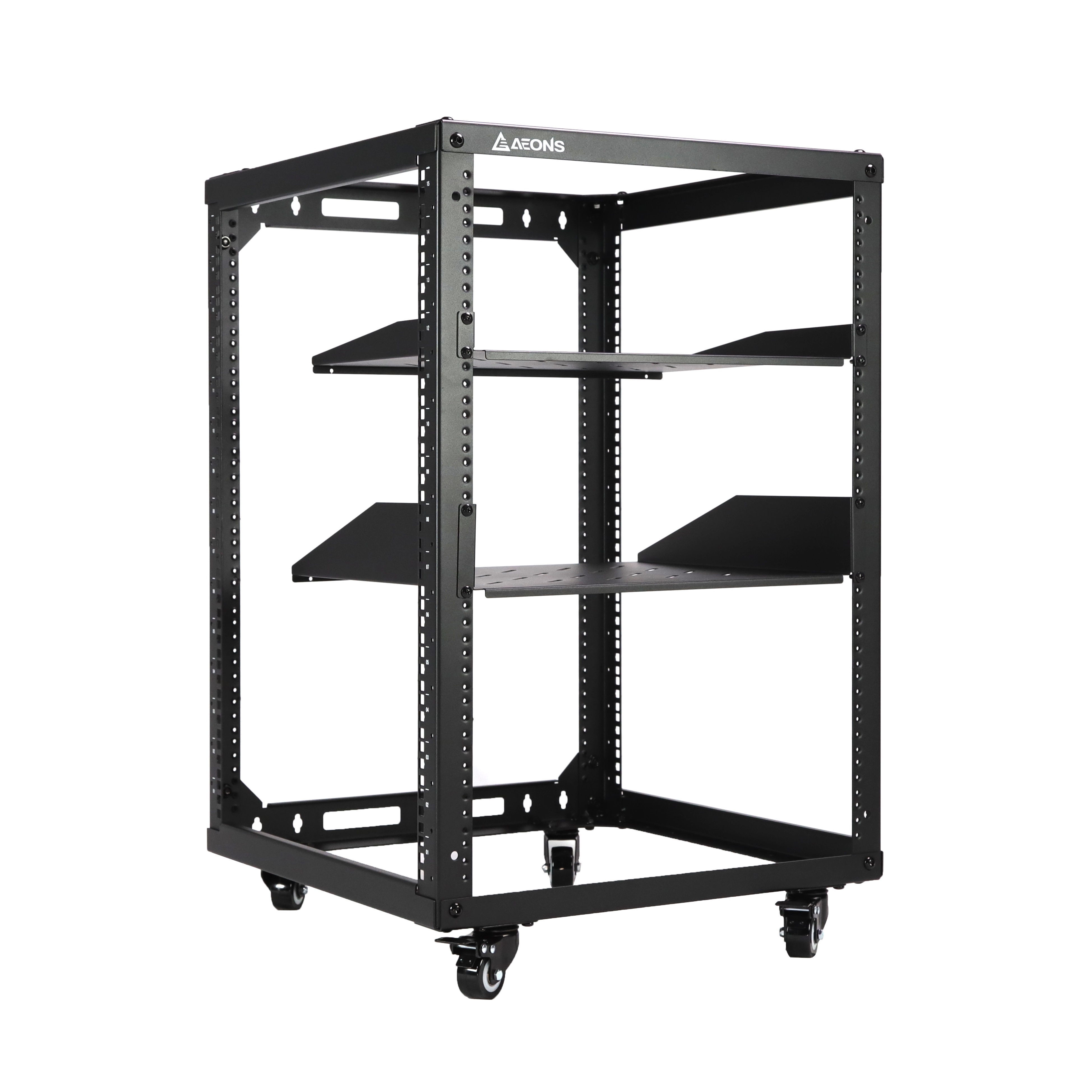 15U 4-Post Wall Mount Open Frame Rack, Side Mount, Floor-Standing w/ Casters Flat Box