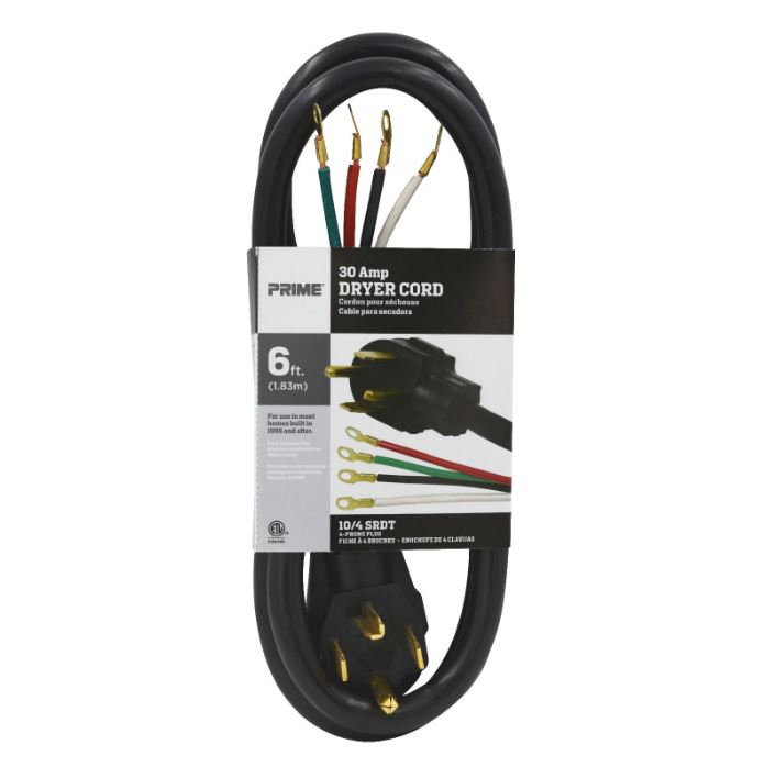 6Ft 10/4 30 Amp Black 4-Wire Dryer Cord