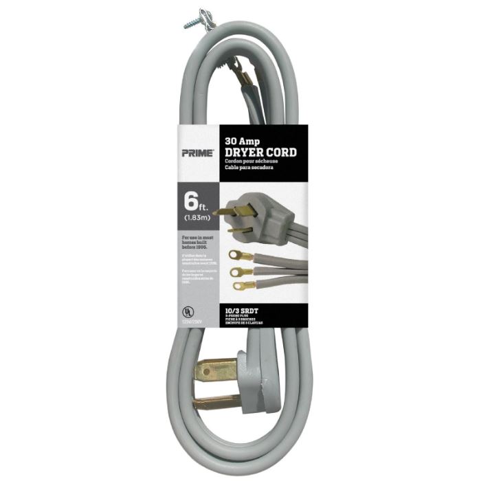 6Ft 10/3 30 Amp Gray 3-Wire Dryer Cord