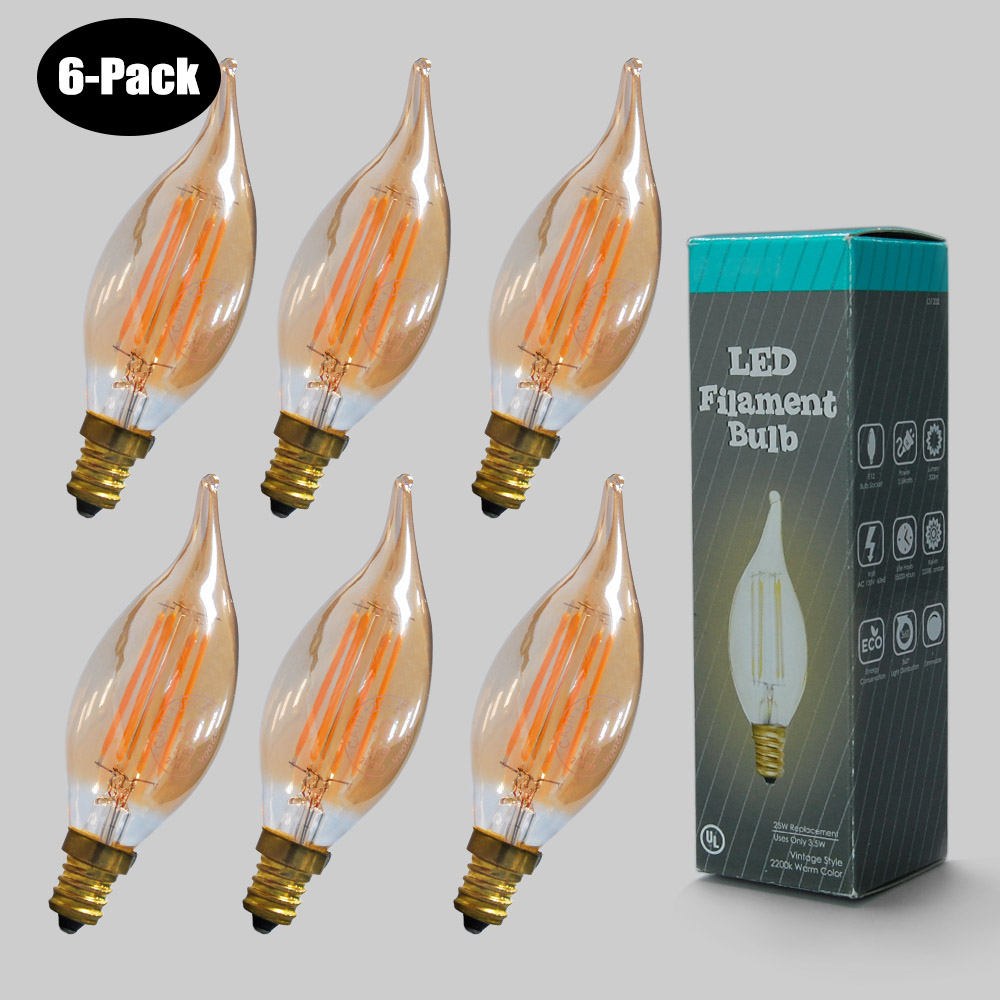 6Pack 3.5W LED Filament Candelabra Bulb 2200K 25W Dimable E12 L31202