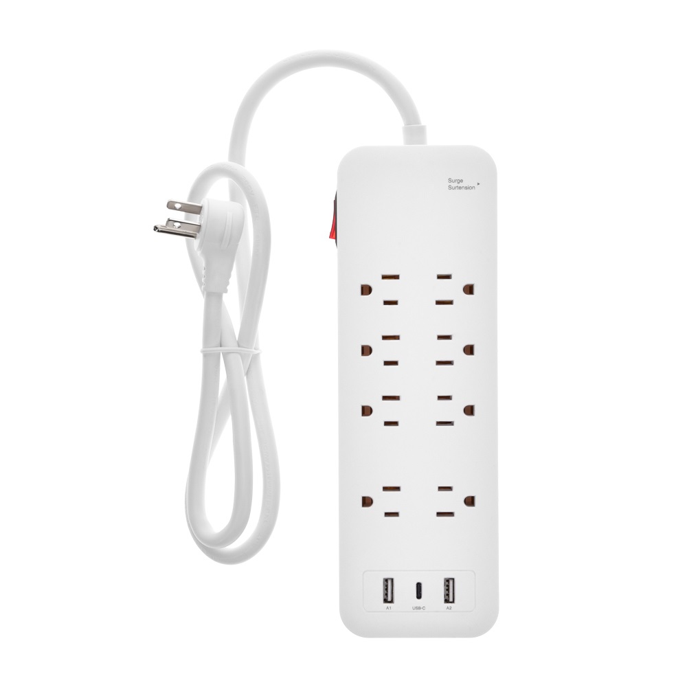 3Ft 8-Outlet Surge Protector 2USB-A+1USB-C,14AWG/3, 15A, 2450J White