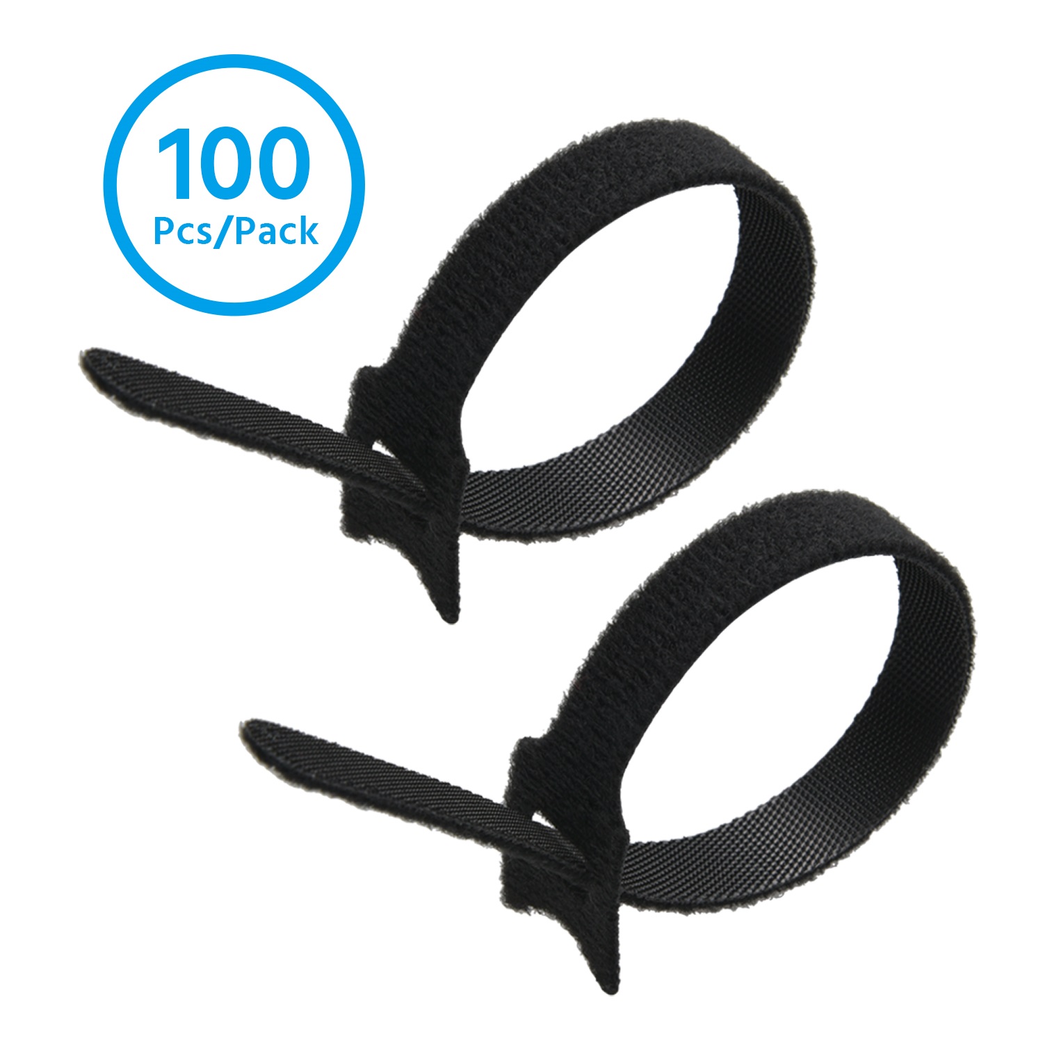 8" Hook and Loop Wrap Strap 1/2" Width Black, 100pc Pack