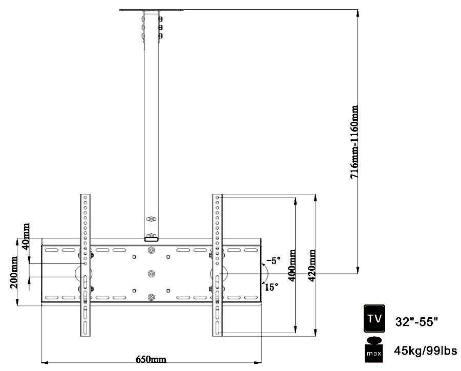 Flat TV Ceiling Mount Adjustable Pole Angle 32"55" Tilt, BCEM101M