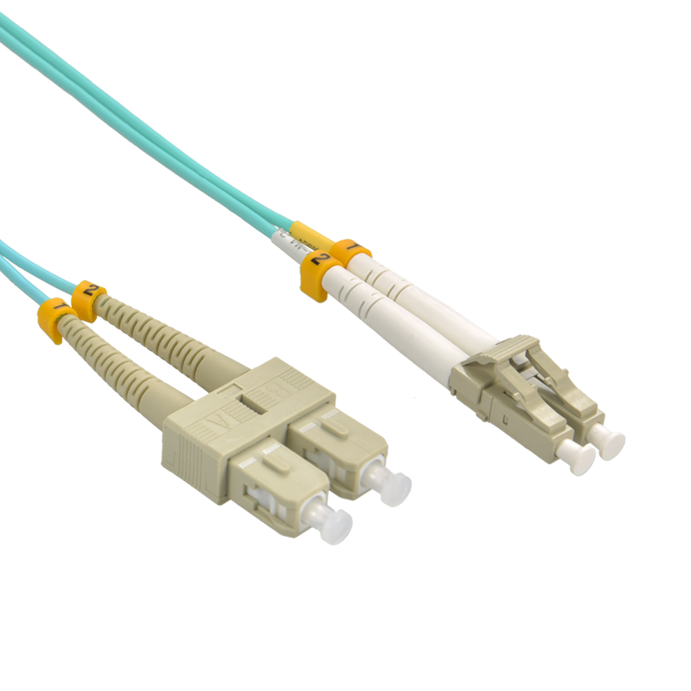 20m LC/UPC SC/UPC OM4 Multimoide Duplex OFNR 2.0mm Aqua Fiber Optic Patch Cable